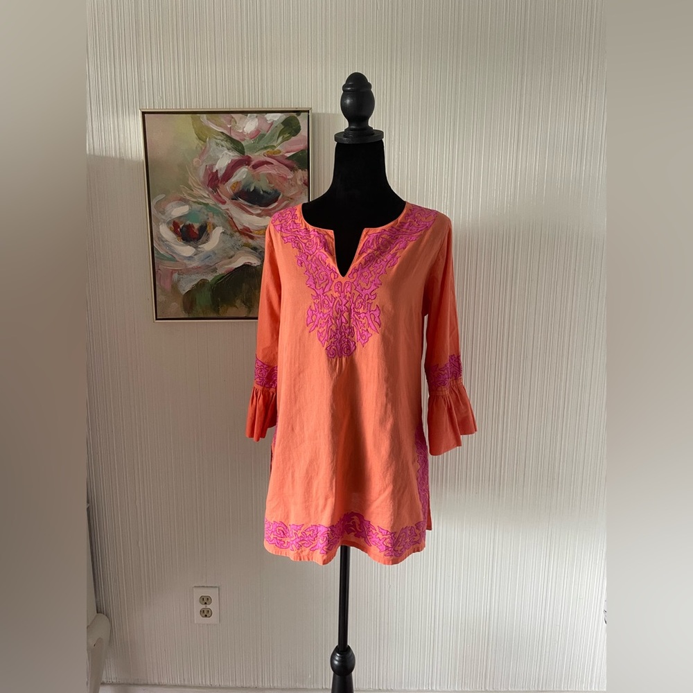 Gretchen Scott Tunic orange and pink size medium appliqué and embroidery
